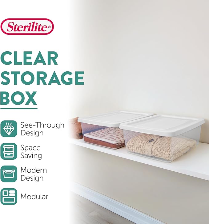 Sterilite Storage Box Stackable Tote, White, 12 Quart, 30 Pack | Clear Plastic Container with Secure Snapping Lids for Home and Office Organization