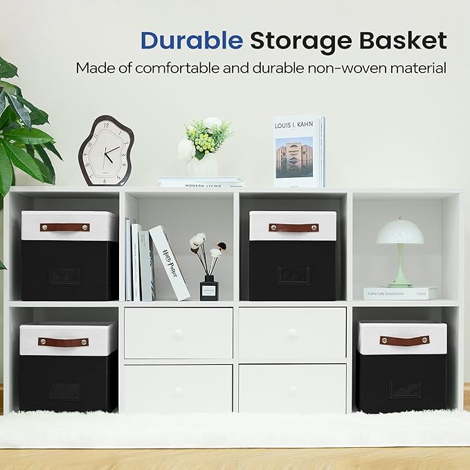 FinishingBo 10.5" x 11" Storage Bins with Labels 6 Pack | PU Leather Handles, Foldable Storage Cubes, Storage Baskets, Closet Storage, White/Black