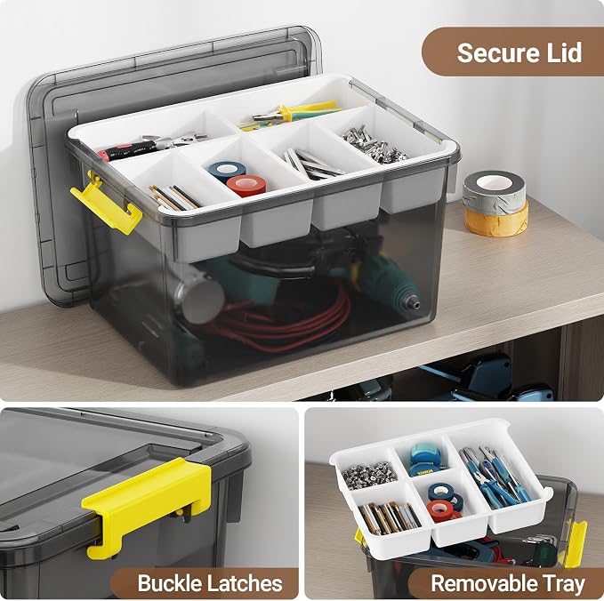 80Qt Large Stackable Storage Bins with Lids & Trays, Clear Plastic Latching Boxes Organizers with Dividers Portable Containers for Arts & Crafts,Home & Car Trunk Organization,Clear Grey,2Pack
