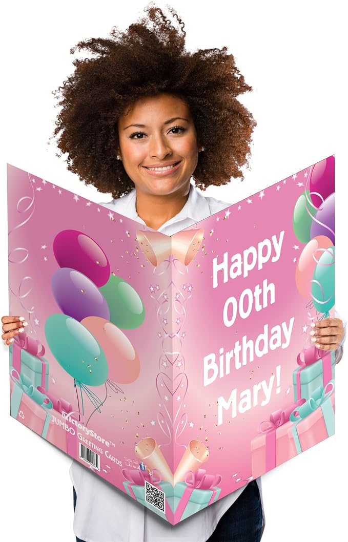 VictoryStore Jumbo 3 Foot Happy Birthday Card, Presents And Balloons, 24x36-Inch Card, Ships In Jumbo Envelope, (Pink, Custom Text)