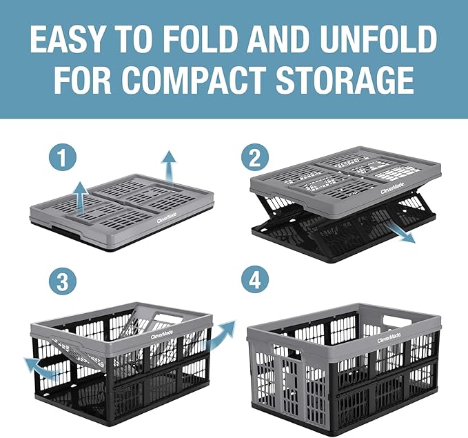 CleverMade Collapsible Utility Crates, 45L, 3 Pack, Ocean | Interlocking crates stack open or folded and carry 66 lb each. Side handles make groceries, tools, and gear easier to move.
