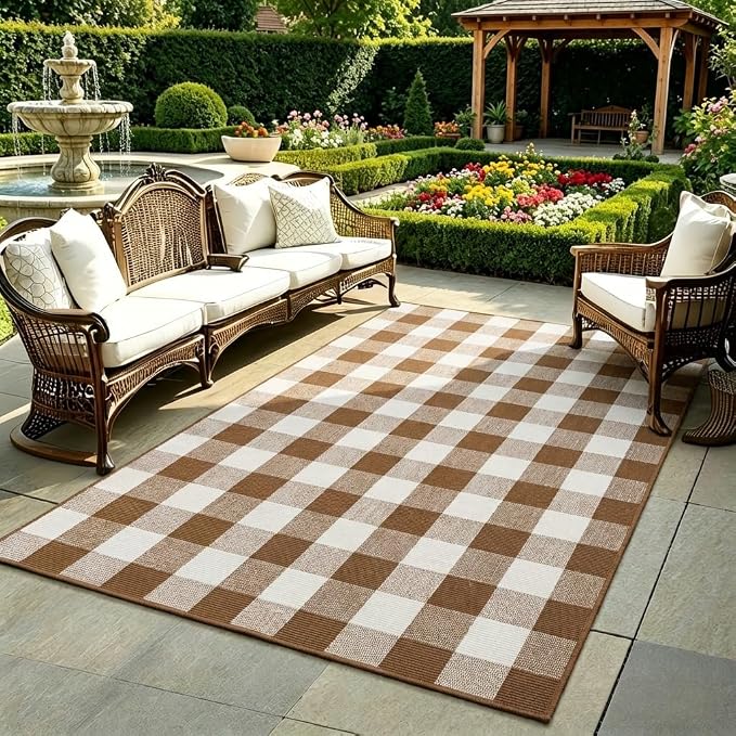 SEEKSEE Buffalo Plaid Rug 4' x 6' Coffee and White Large Front Door Mat, Layering Area Rug, Fall Rug for Outdoor Patio Entryway Indoor Living Room Kitchen Dining Room Decor