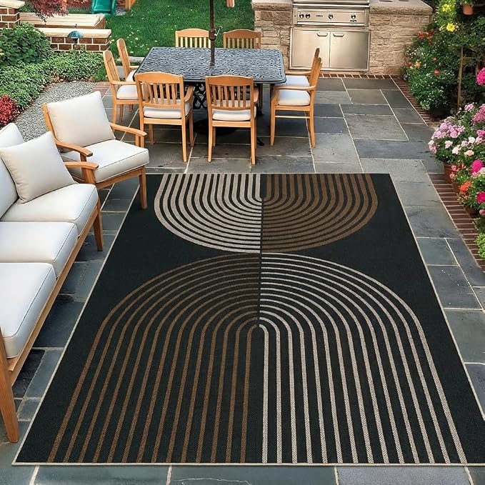 COZYLOOM 5x7 Striped Rainbow Outdoor Rug, Washable Easy Jute Rug for Living Room, Stain Resistant Non Shedding Neutral Area Rugs with Non Slip Backing for Bedroom, Entryway, Patio, Black Brown
