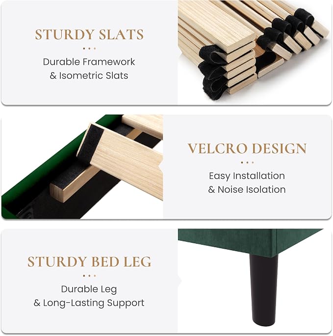 SHA CERLIN Twin Size Velvet Bed Frame with Adjustable Headboard, Green | Vertical Channel Tufted Design, Upholstered Platform Bed, Wood Slats Support/No Box Spring Needed/Easy Assembly