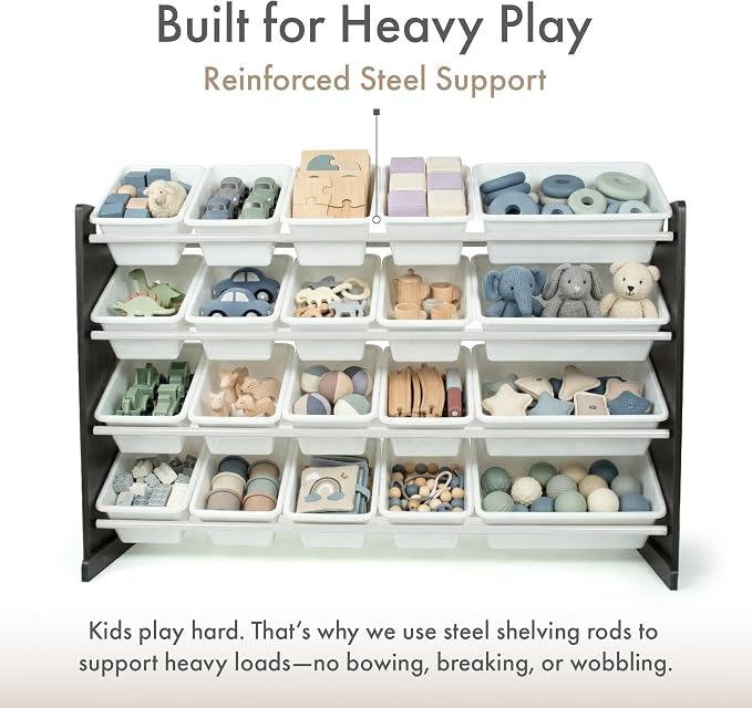 Humble Crew Kids Toy Organizer with 20 Bins, 4 Tier Storage for Playroom | Sturdy wood and steel toddler shelf, removable BPA-free containers, wall anchor anti-tip safety kit for bedroom or classroom