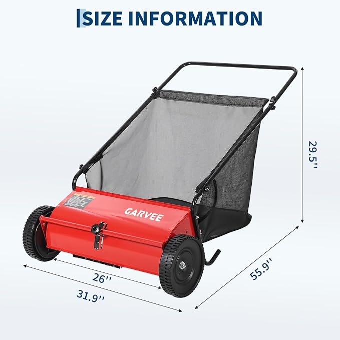 26 Inch Push Lawn Sweeper, 7 Cu. ft Grass Cutter, 4 High-Speed Spinning Brushes, Durable Steel Construction, Walk-Behind Leaf & Grass Collector for Yard Cleanup