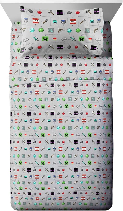 Jay Franco Kids Sheet Set with Fitted, Flat Sheets & Pillow Cover - Ultra-Soft Bedding with Pillowcase for Room Decor, Gray - Minecraft, 4 Piece Full