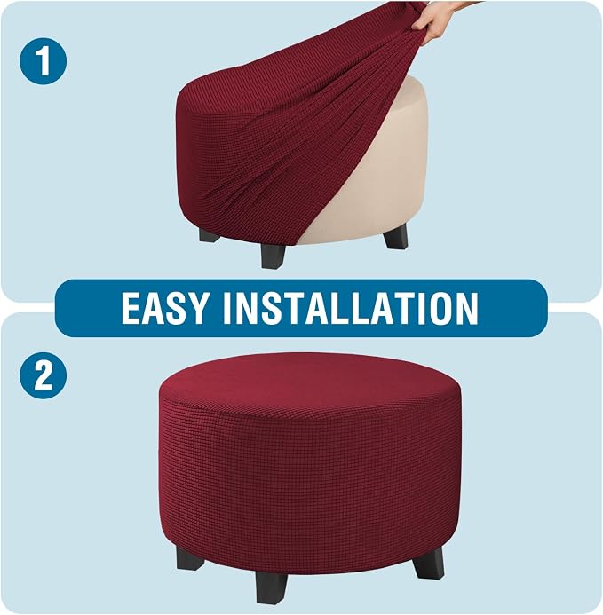 H.VERSAILTEX Ottoman Cover Stretch Ottoman Slipcover Round Ottoman Storage Cover Folding Stool Covers Furniture Protector Cover for Footrest Ottoman Fit Dia 30" - 41", Burgundy Red