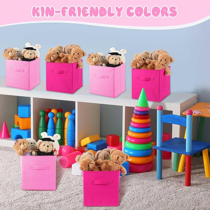 Yinder 12 Pcs Cube Storage Bin Pink 10.5''x10.5''x11'' Storage Bins for Playroom Decor Colorful Bins for Kids Foldable Baskets for Nursery Organizer Boxes Fabric Boxes