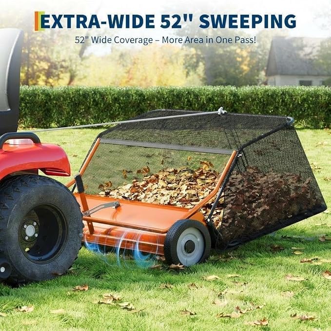 Tow Behind Lawn Sweeper, 50" Pull Behind Collector – Large Capacity Leaf & Grass Collector with Adjustable Height, Dumping Rope Design for Debris and Lawn Clippings