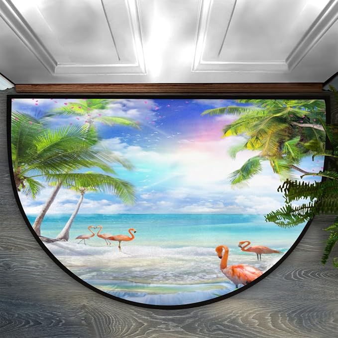 Half Round Doormat Summer Flamingo Flower Non Slip Half Circle Area Rugs Indoor Washable Half Moon Rug Semi Circle Bathroom Runner Mat Entrance Floor Carpet for Kithen Bedroom Fireplace Decor