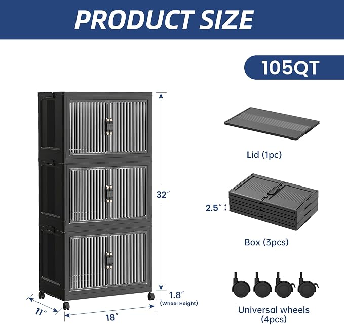 SAILUN 26Gal/105Qt Stackable Storage Bins Folding Collapsible Storage Bins with Lid, Closet Organizers and Storage Box with Door Black 18" W x 11" D x 32" H