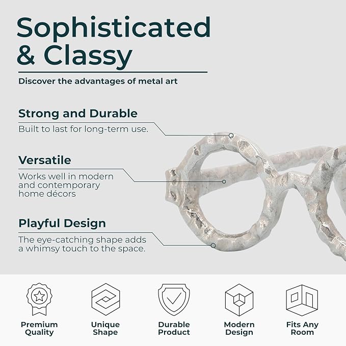 Round Glasses Decorative Object – Aluminum Sculpture Modern Home Decor Ornament – Shelf Styling & Coffee Table Decor for Bathroom, Office & Living Room – 7"x3", Silver