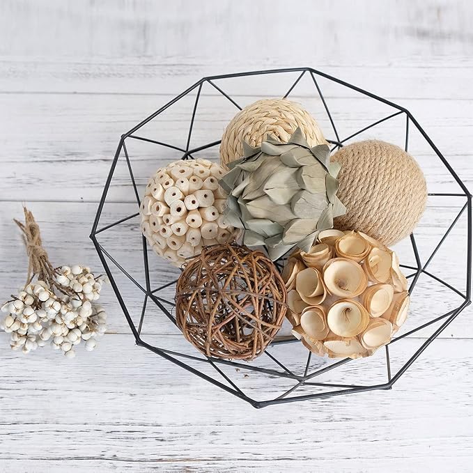 6pcs 3.5inch Woven Wicker Rattan Balls Decorative Ball Twig Orbs Green Orbs Vase Bowl Filler for Tabletop Decor (Beige White)