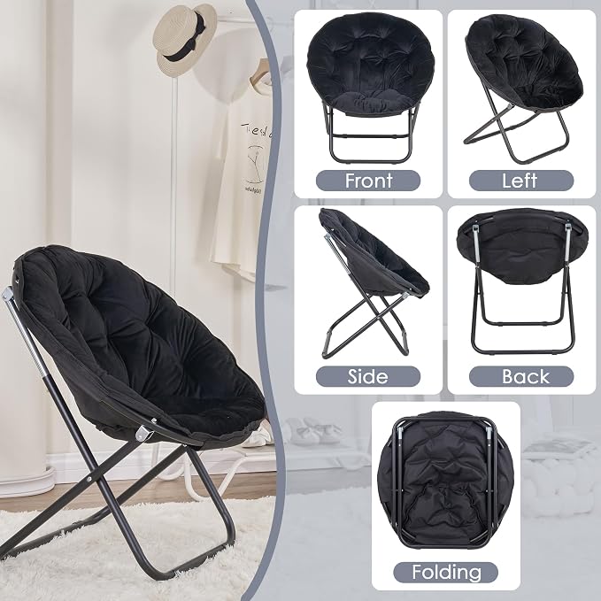 VECELO Saucer Chair for Adults, Folding Moon Chair with Metal Frame, Faux Fur for Bedroom, Living Room, Dorm Room, Apartment, Black
