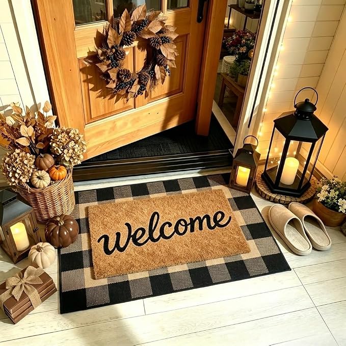 Buffalo Plaid Rug 2'4''x 3'7'' Brown and Black Front Door Mat Reversible Layered Porch Rug Washable Hand Woven Cotton Area Rug for Indoor Outdoor Entryway Patio Porch Decor