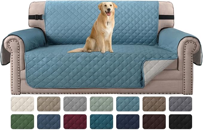 Sofa Protector for Dogs/Cats/Pets Sofa Covers Slipcover Quilted Couch Coveres Loveseat Covers with Non Slip Elastic Strap Water Resistant Seat Width: 54" (Oversized Loveseat, Smoke Blue/Beige)
