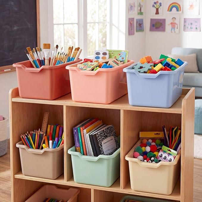 Novabright 12 Pcs Plastic Book Bins for Classroom, Back to School Supplies Library Cubby Bins Scoop Front Stackable Toy Storage Tubs Colorful Containers for Office Home Nursery Playroom Organization