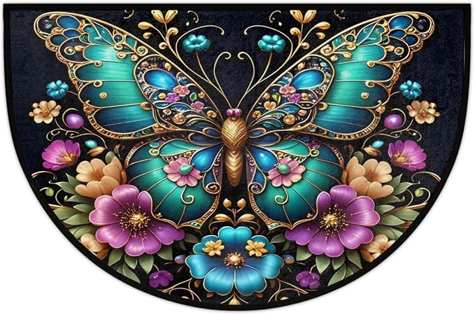 Pretty Butterfly Half Round Door Mat Semi Circle Rug Half Moon Doormat | Pretty Butterfly Soft Washable Welcome Entrance Mat for Outdoor Indoor Floor Bedroom Bathroom Home Kitchen Festival Decor