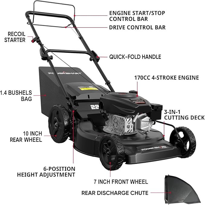 PowerSmart 22-inch 170cc 3-in-1 Self Propelled Gas Lawn Mower | 4-Cycle OHV Engine, Rear Bag/Mulching/Side-Discharge, 6-Position Height Adjustment, Steel Deck