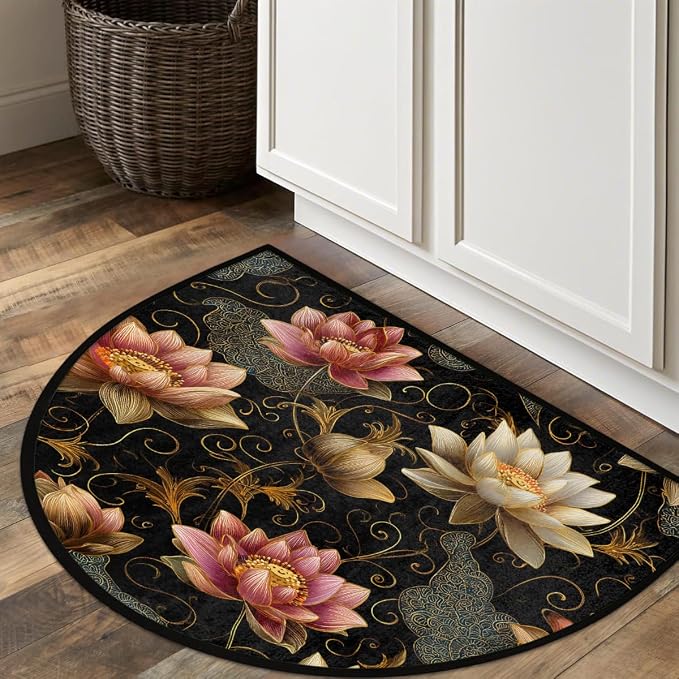 Ethnic Lotus Half Round Rug Half Moon Door Mat Half Circle Rugs | Flowers Art Washable Non-Slip Semi Circle Rug Welcome Half Round Door Mat Indoor Entrance Kitchen Bedroom Living Room Decor