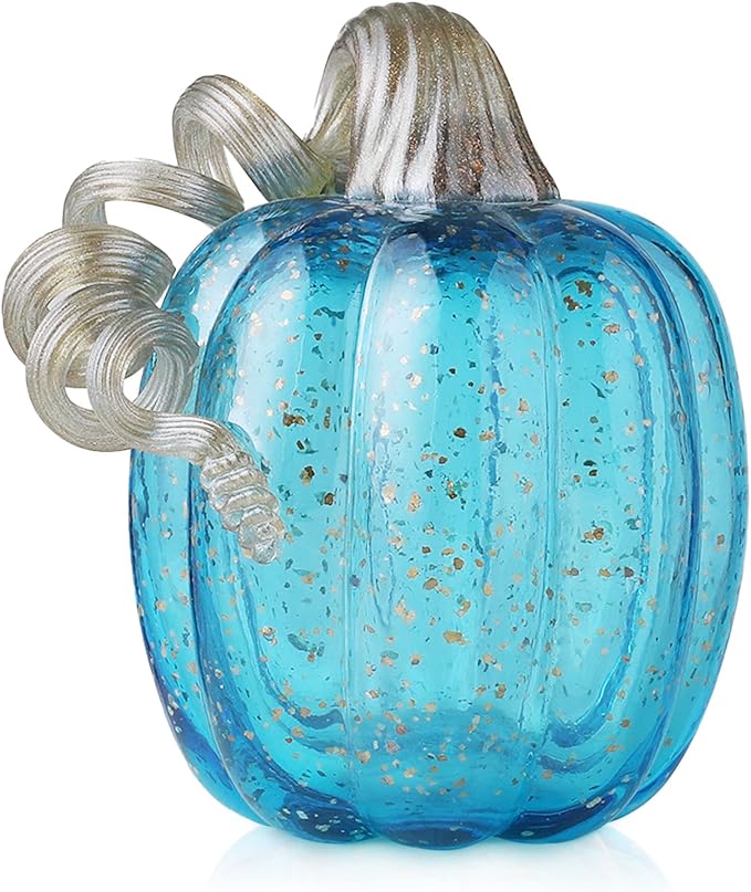 Glitzhome Decorative Hand Blown Glass Pumpkin Figurine, 6.1" H, Blue