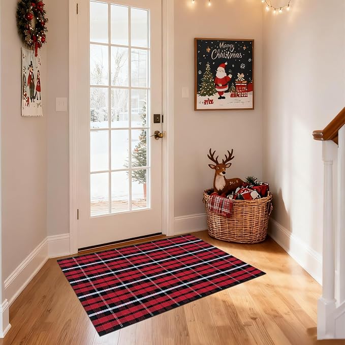 USTIDE Buffalo Plaid Rug 2'x3' Red & White Check Front Doormat Checkered Layering Floor Mat for Hello/Welcome Hand Woven Cotton Rug for Front Door Porch Kitchen
