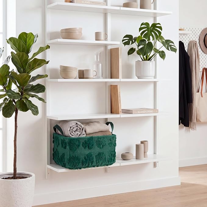 2 Pcs Monstera Storage Basket 14x10'' Back to School Gift Basket | Green, Summer Leaves, Foldable, Fluffy Plush, Closet Organizer Bin with Handle, for Shelves Home Office, Laundry Tabletop Car