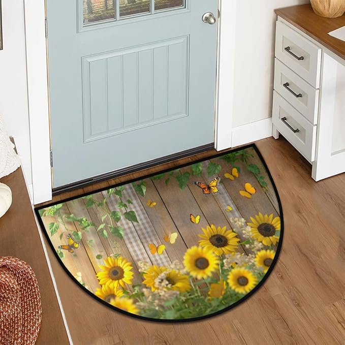 cfpolar Butterfly Sunflower Half Round Door Mat Indoor Entrance Half Circle Area Rug Semi Circular Door Mat Half Moon Rug for Floor Bathroom Living Room Bedroom Kitchen Fireplace 24"x36",A-04