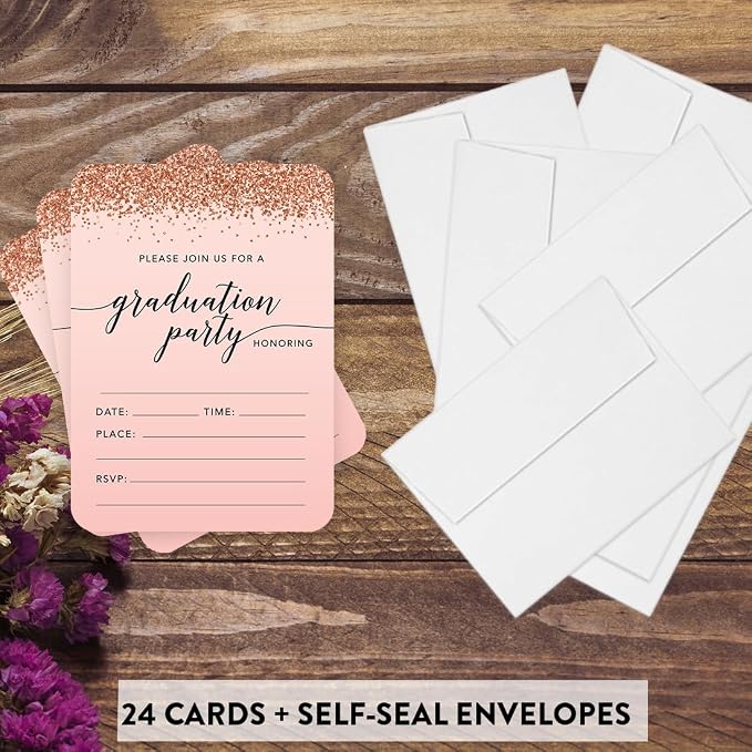 Andaz Press Blush Pink and Rose Gold Glitter Elegant Party Collection, 5x7-inch Invitations with Envelopes, Graduation, 24-Pack, Double Sided Printing, Heavy Card Stock, Includes Envelopes