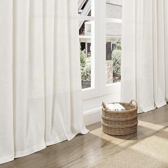 Nanspring Beige White Linen Curtains 96 Inches Long for Living Room Bedroom Light Filtering Privacy Coastal Decor Curtains Back Tab and Rod Pocket Curtain for Office Dinner Room 70x96, 2 Panels