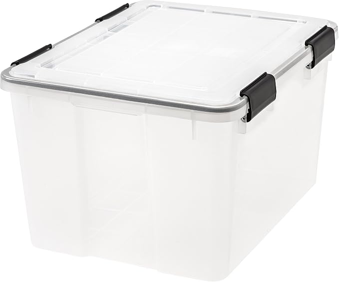 IRIS USA 46 Quart WEATHERPRO Plastic Storage Box with Durable Lid and Seal and Secure Latching Buckles, Clear with Black Buckles, 1 Pack