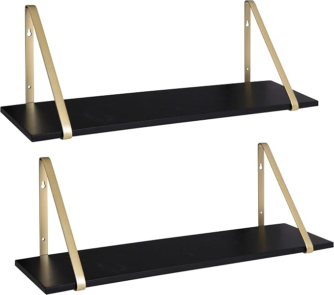 Kate and Laurel Soloman Black Wooden Shelves with Gold Metal Brackets, 2 Piece Set