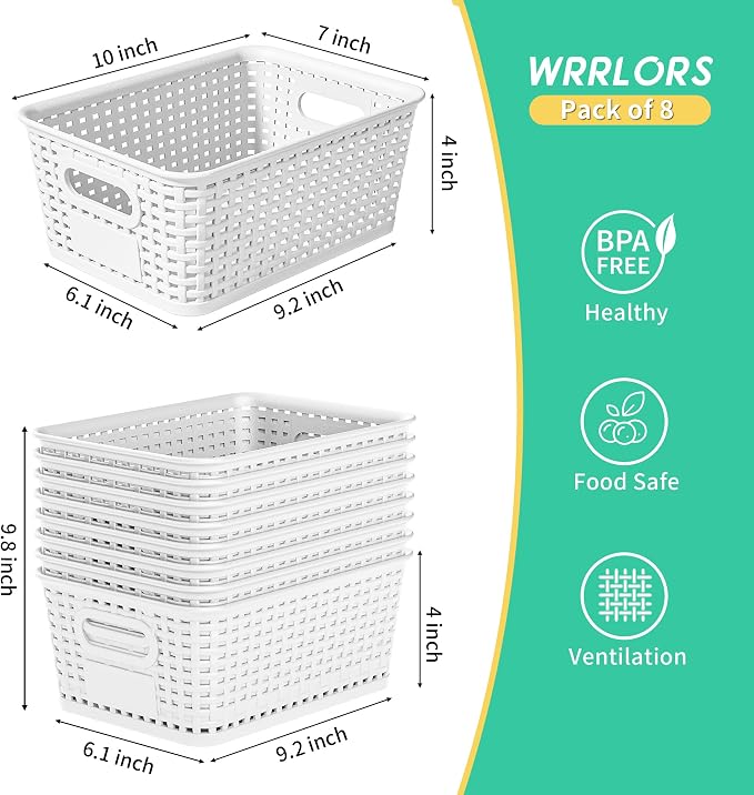 8 Pack Plastic Storage Baskets,White Stackable Bins with Lid | 5.3qt Storage Containers with Labels for Organizing Shelves Drawers Desktop Closet Playroom Classroom Office