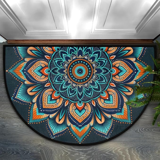 Ethnic Mandala Half Round Door Mat Semi Moon Rug Fireplace Carpet Area Rugs | Ethnic Mandala Non Slip Absorbent Half Circle Mat Carpet for Indoor Outdoor Patio Kitchen Bathroom Entryway Home Decor