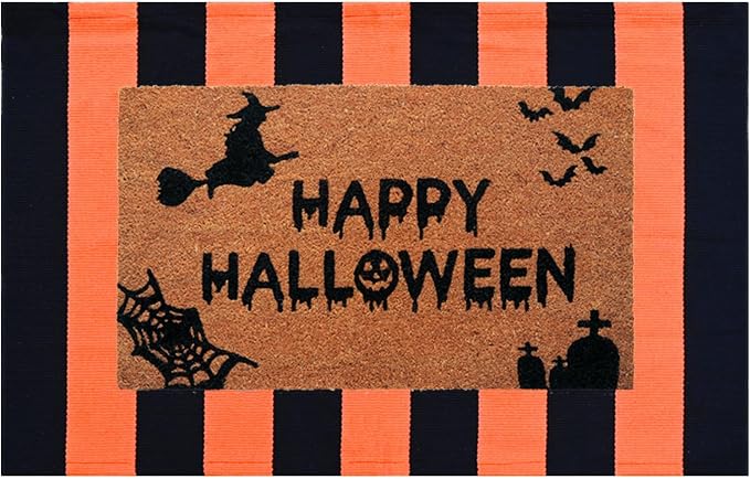 Halloween Decor Doormat Combo Set, 100% Coco Coir Welcome Mat + 3' x 5' Orange and White Striped Rug - Halloween Fall Front Porch Entryway Decor Floor Mat, Outdoor Autumn Mats Happy Halloween
