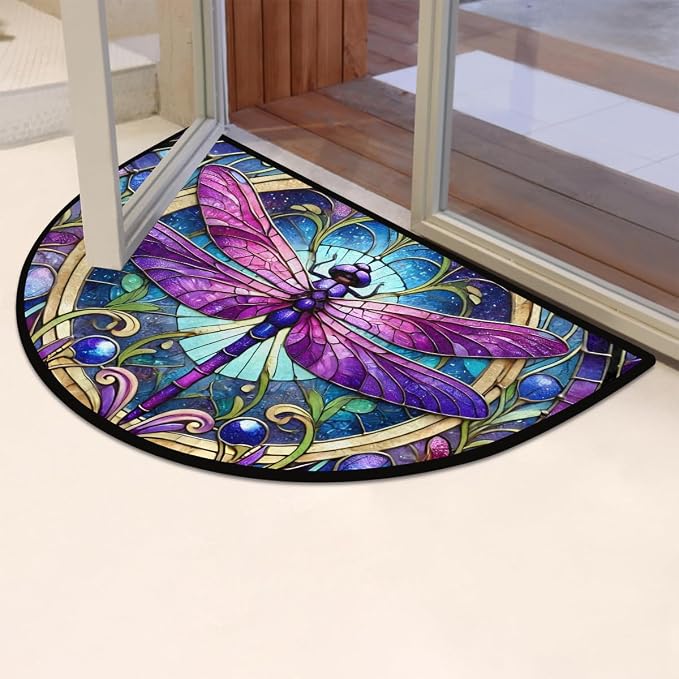 Purple Dragonfly Glass Painting Half Round Mat Half Moon Door Rug Washable Durable Semi Circle Carpet Floor mats for Indoor Outdoor Bathroom Kitchen Patio Hearth Rug Laundry Room Home Decoration