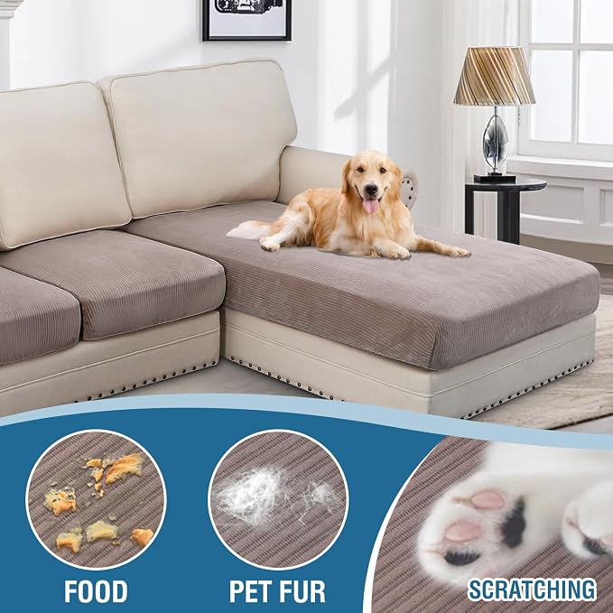 H.VERSAILTEX Velvet Stretch Sectional Couch Covers 4 Pieces Sofa Seat Cushion Covers L Shape Separate Cushion Couch Cover for Both Left/Right Couch (Large Sofa 3 Seater + 1 Chaise, Taupe Striped)