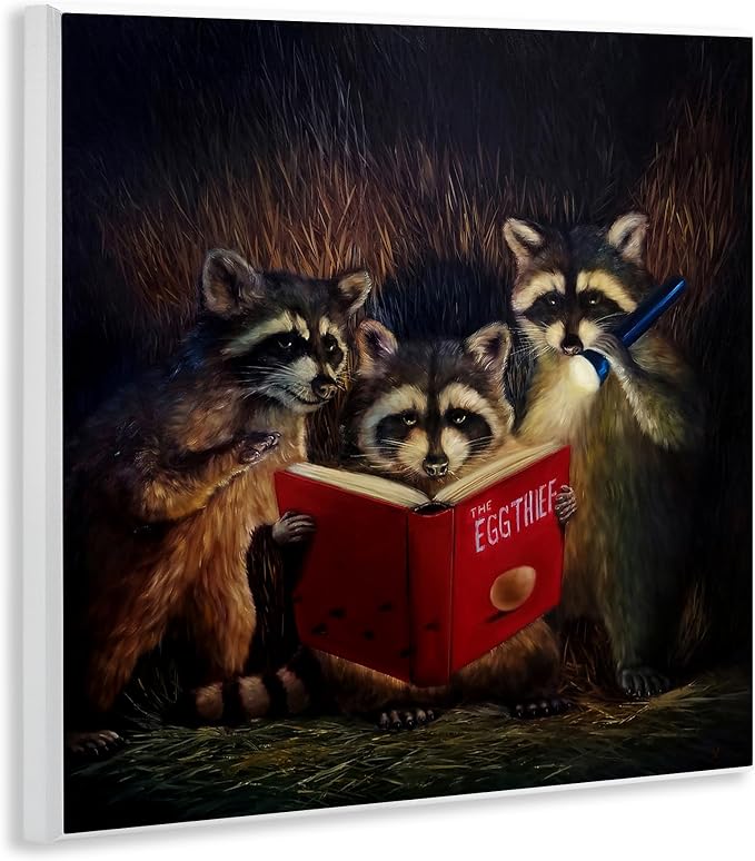 Fun Raccoon Trio Reading Book, 12 x 12 Inch Mounted Print on Wall Plaque | Stupell Industries · By Lucia Heffernan · Ready to hang · Whimsical gift for animal lovers · Made in USA
