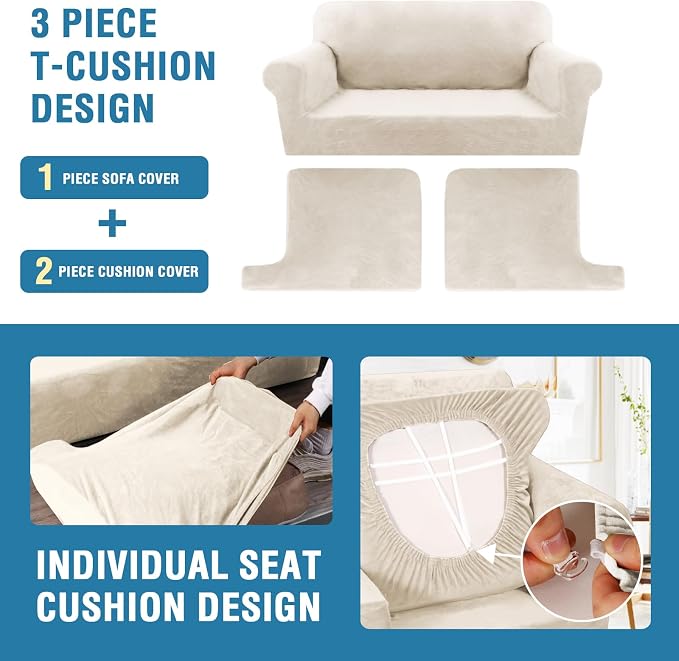 H.VERSAILTEX Sofa Cover 3 Piece T Cushion Sofa Slipcovers Thick Velvet Couch Cover Furniture Protector Stretch Sofa Covers for 2 Cushion Couch with 2 Individual T Cushion Covers Washable, Ivory