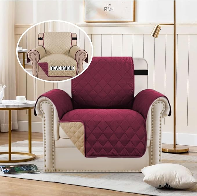 H.VERSAILTEX Reversible Chair Sofa Slipcover Water Repellent Couch Sofa Cover Furniture Protector Non Slip Chair Slipcover with Elastic Strap for Kids, Pet(Armchair, Red/Tan)