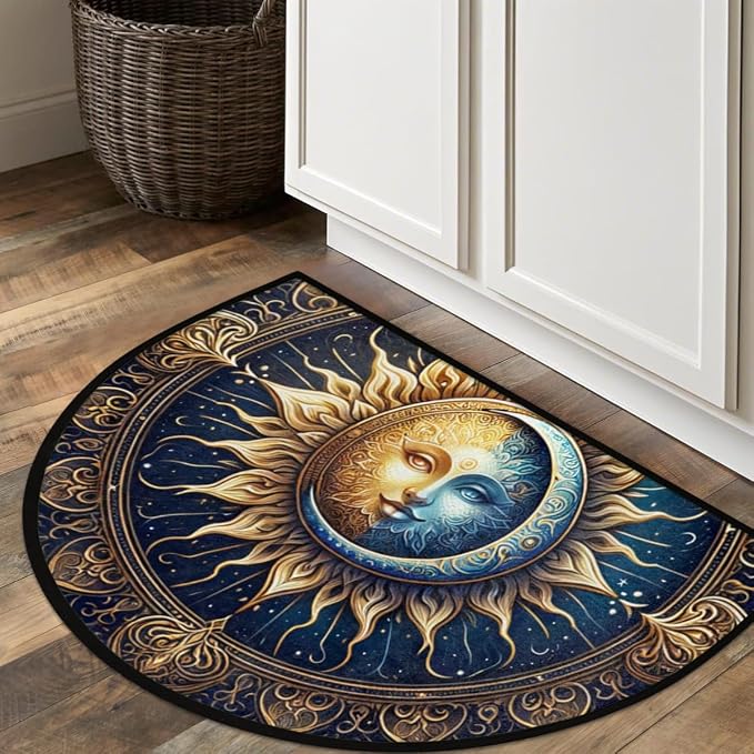 Ethnic Sun Boho Half Round Door Mat Non-Slip Semi Circle Rug Washable Half Moon Floor Rug Absorbent Bathroom Area Rugs for Outdoor Indoor Fireplace Mat Entryway Kitchen Decor Rugs