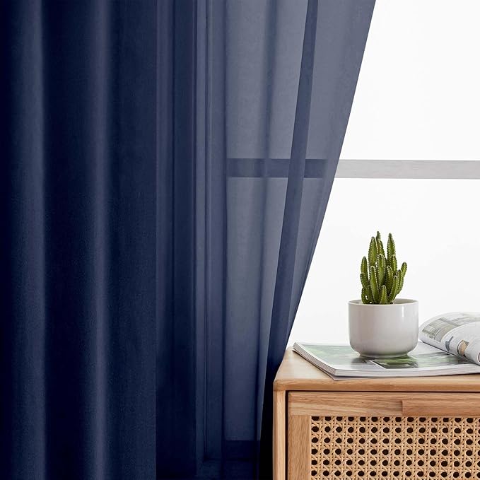 Sheer Navy Blue Curtains for Bedroom Living Room 90 Inches Long 2 Panels Set, Soft Airy Light Filtering Sheer Window Treatments, Modern Rod Pocket Curtains Drapes, Each 42" Wx90 L Inch