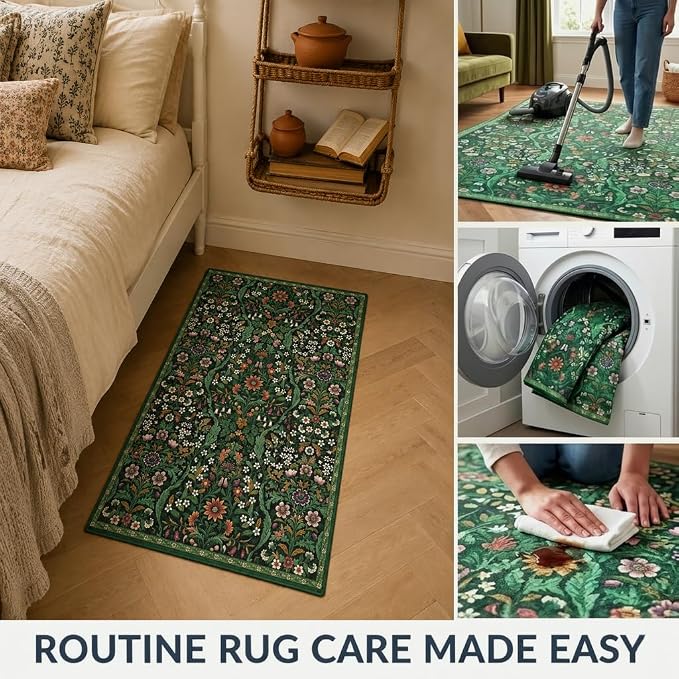 Dark Green Floral Entryway Rug 2x3, Washable Non-Slip Vintage Floral Front Door Mat, Non Slip Ultra Thin Carpet Boho Botanical Print, for Bedroom, Kitchen, Laundry, Indoor Entrance, Home Decor