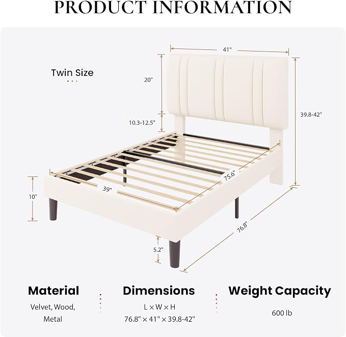SHA CERLIN Twin Size Velvet Bed Frame with Adjustable Headboard, Cream | Vertical Channel Tufted Design, Upholstered Platform Bed, Wood Slats Support/No Box Spring Needed/Easy Assembly