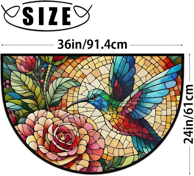 Colorful Hummingbird Flower Half Round Mat Half Moon Door Rug Washable Durable Semi Circle Carpet Floor mats for Indoor Outdoor Bathroom Kitchen Patio Hearth Rug Laundry Room Home Decoration