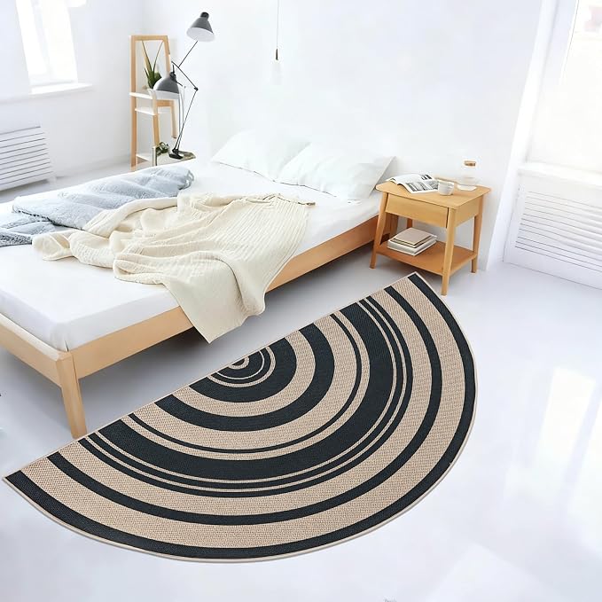 Easy Jute Rug 3x6Ft Half Circle Rainbow Carpet for Farmhouse Bedroom Carpet, Non-Slip Half Round Thin Neutral Floor Mat for Living Room Patio Kids Room Kitchen, Indoor Outdoor, Black 1