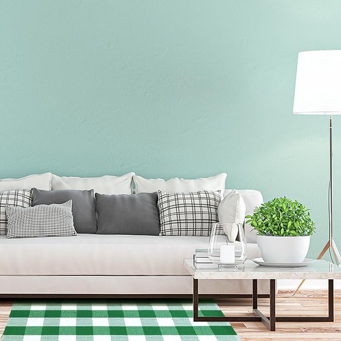 Buffalo Plaid Area Rug, Checkered Rug 3x5 Ft, Green and White Rug, Washable Cotton Mat for Front Porch, Entryway, Kitchen, Living Room, Home Decor