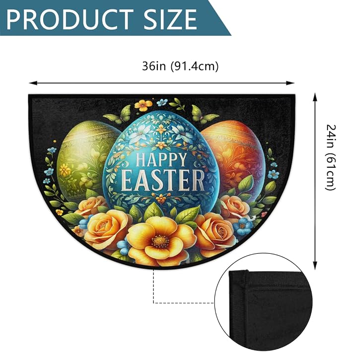 Happy Easter Egg Half Round Door Mat Non-Slip Semi Circle Rug Washable Half Moon Floor Rug Absorbent Bathroom Area Rugs for Outdoor Indoor Fireplace Mat Entryway Kitchen Decor Rugs