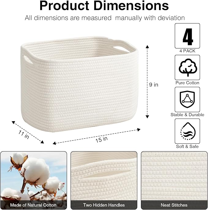 ICERZCZ Woven Cotton Rope Storage Baskets for Organizing & Shelves, Organization Bins for Dog Toys, Clothes, Books, Nursery Organizer, 15"x11"x9", Off White (4 Packs)